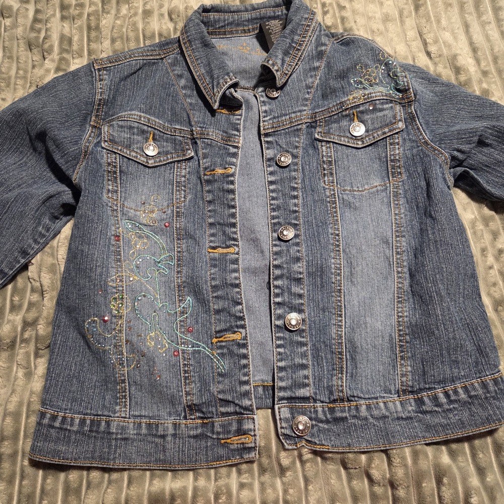 Arizona Jean Co Denim Jacket Womens L Blue Embroidered Floral Sequin Y2K Bling